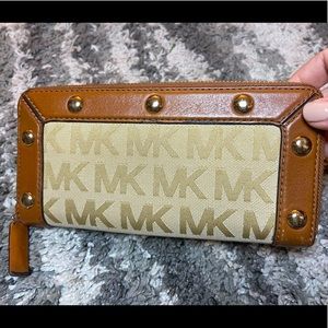 Michael Kors Brown and Gold Tan Monogrammed Leather and fabric wallet